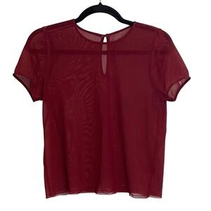 Burgundy Sheer Mesh Short Sleeve Top Keyhole Back Wine Red Blouse Womens